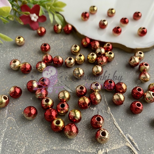 Бусины 8 мм "Металлик" (50 шт), красный/золото