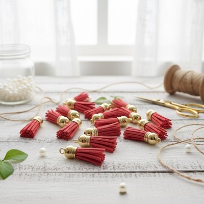 Кисточки замшевые для творчества и украшений (3.8 см, 10 шт.) - коралловый/золото