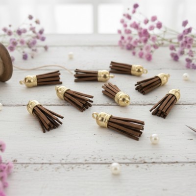 Кисточки замшевые для творчества и украшений (3.8 см, 10 шт.) - коричневый/золото Кисточки замшевые для творчества и украшений (3.8 см, 10 шт.) - коричневый/золото