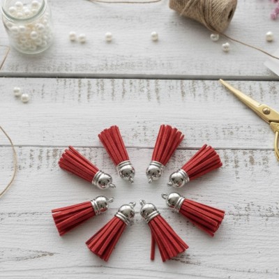 Кисточки замшевые для творчества и украшений (3.8 см, 10 шт.) - коралловый/серебро