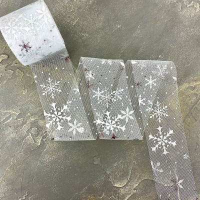 Фатин 5,5 см "Снежинки", белый/серебро