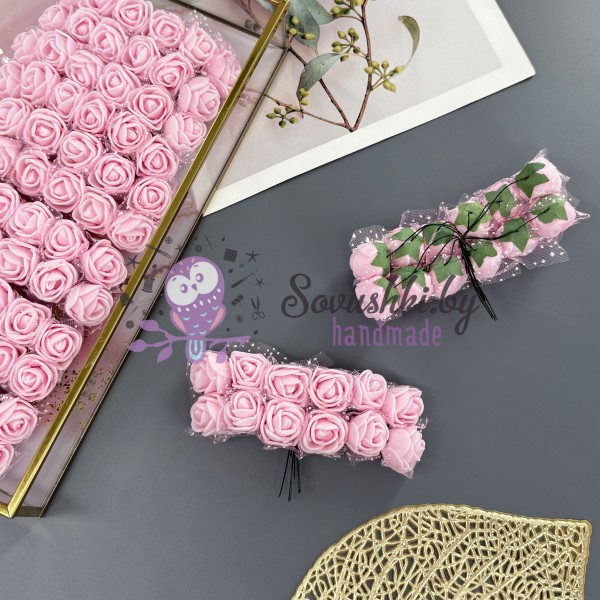 Декоративные цветы на проволоке (розы) из фоамирана для рукоделия и декора, нежно-розовые