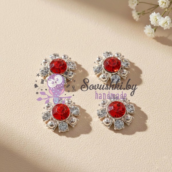 Стразовая серединка "Цветок" 15 мм красный/серебро (2 шт)