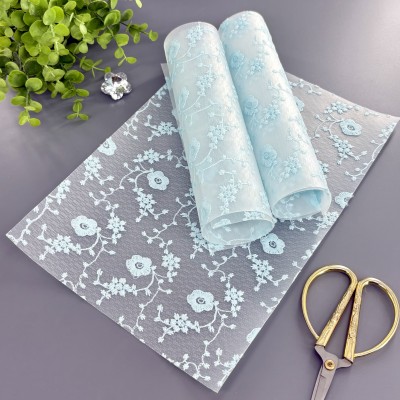 Пленка ПВХ с вышивкой "Цветочки", голубой