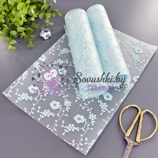 Пленка ПВХ с вышивкой "Цветочки", голубой