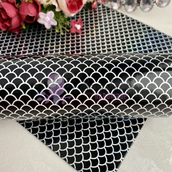 Декоративный кожзам голографик "Чешуя", черный