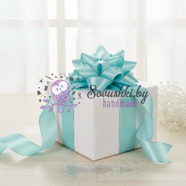 Лента атласная 2,5 см с люрексом, аквамарин/серебро