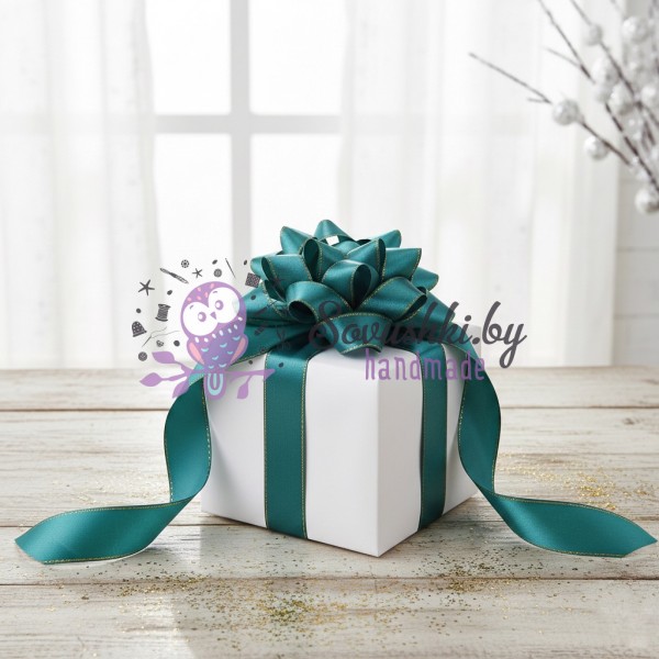 Лента атласная 2,5 см с люрексом, темно-зеленый/золото