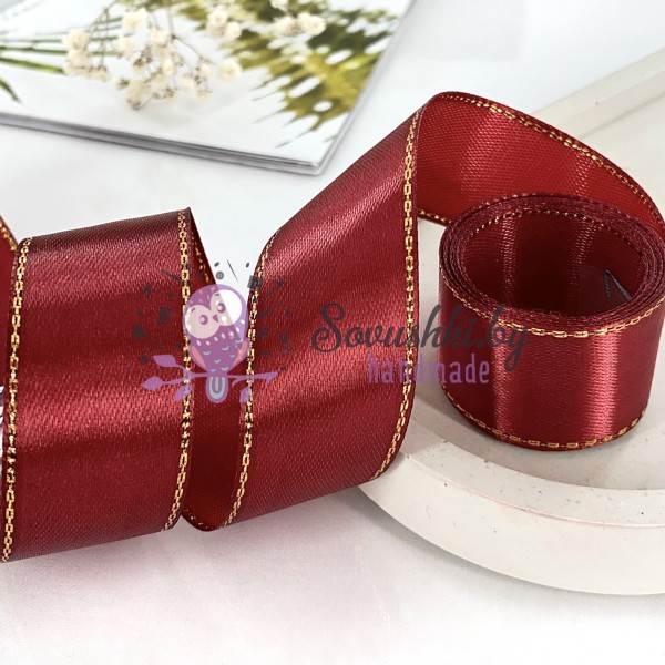 Лента атласная 2,5 см с люрексом, бордовый/золото (отрез 5.9 м)