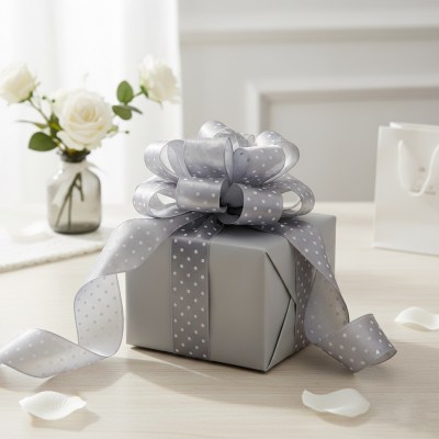 Атласная лента 4 см с рисунком "Горошек", серый (отрез 9.2 м)