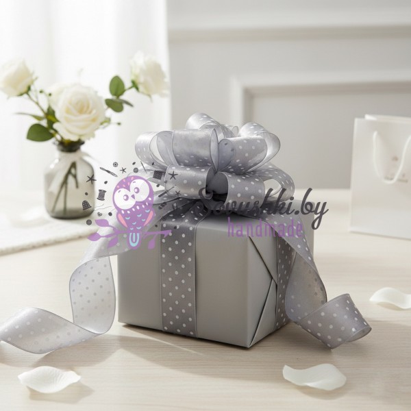 Атласная лента 4 см с рисунком "Горошек", серый (отрез 9.2 м)