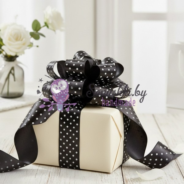 Атласная лента 4 см с рисунком "Горошек", черный (отрез 6.3 м)