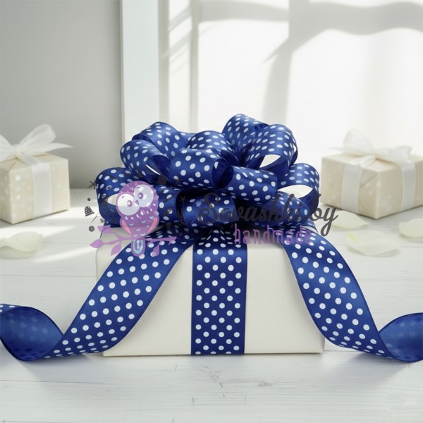 Атласная лента 4 см с рисунком "Горошек", синий (отрез 7.75 м)