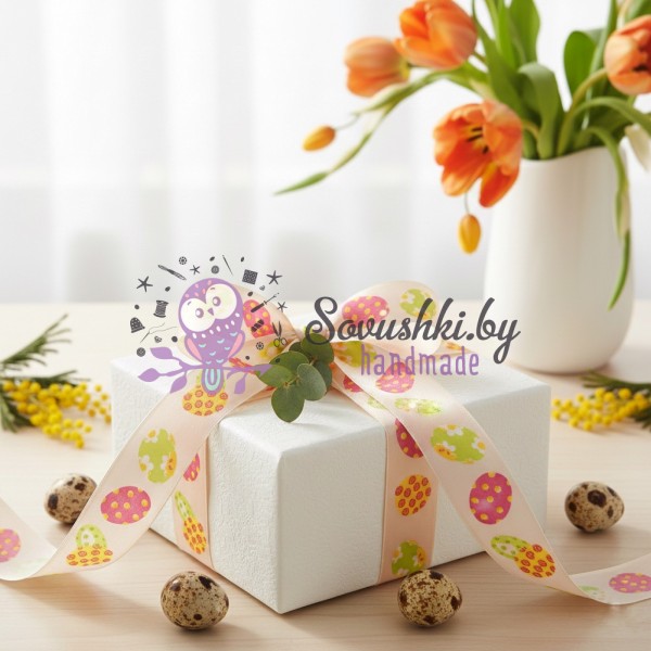 Лента для упаковки подарков и рукоделия "Пасхальные яйца" 2,5 см, розовая (6 м)