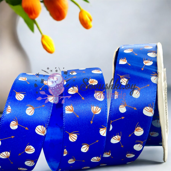 Атласная лента 2,5 см с рисунком "Хлопок" Premium, синий