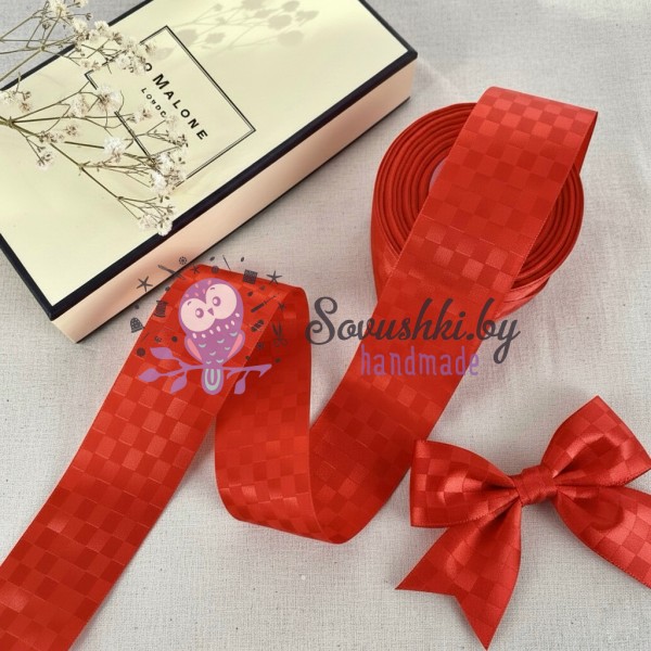Декоративная лента (жаккард) 3,8 см "Квадратики", красный