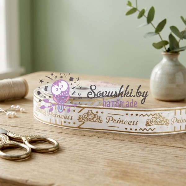 Лента репсовая «Princess» с золотым тиснением (25 мм)
