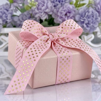 Репсовая лента 2,5 см с фольгированием "Горошек", розовый/золото