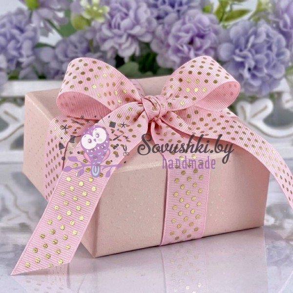 Репсовая лента 2,5 см с фольгированием "Горошек", розовый/золото