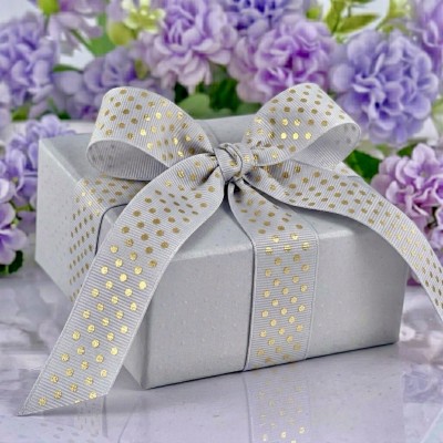 Репсовая лента 2,5 см с фольгированием "Горошек", серый/золото