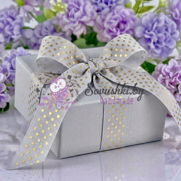 Репсовая лента 2,5 см с фольгированием "Горошек", серый/золото