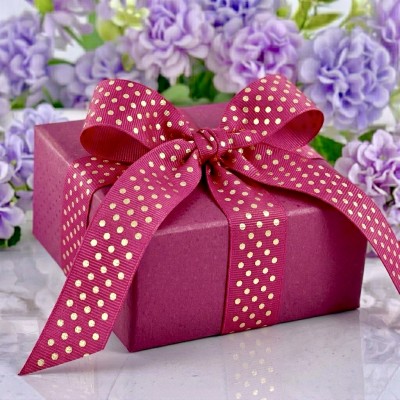 Репсовая лента 2,5 см с фольгированием "Горошек", фукси/золото