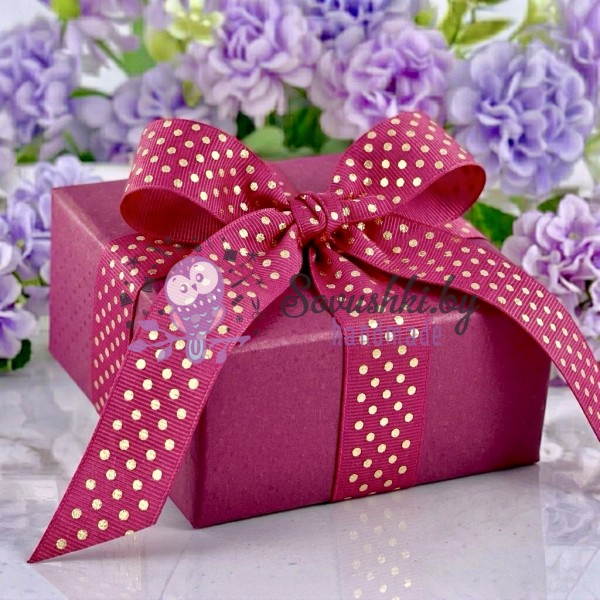 Репсовая лента 2,5 см с фольгированием "Горошек", фукси/золото