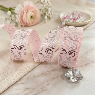 Лента репсовая с серебристым тиснением "Вензеля", розовая (25 мм)