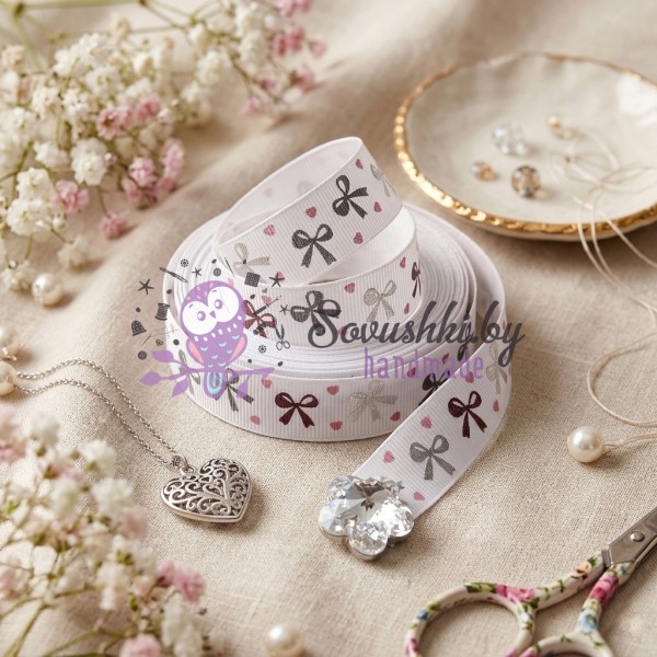 Лента репсовая декоративная «Бантики и сердца», белая с серебристым тиснением, 25 мм