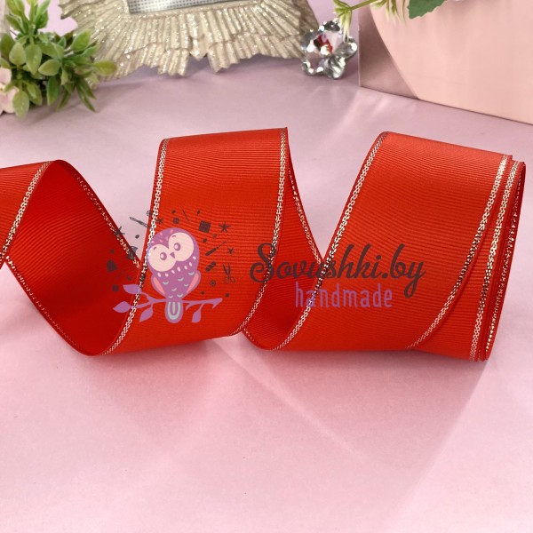 Лента репсовая 4 см с люрексом, красный/серебро