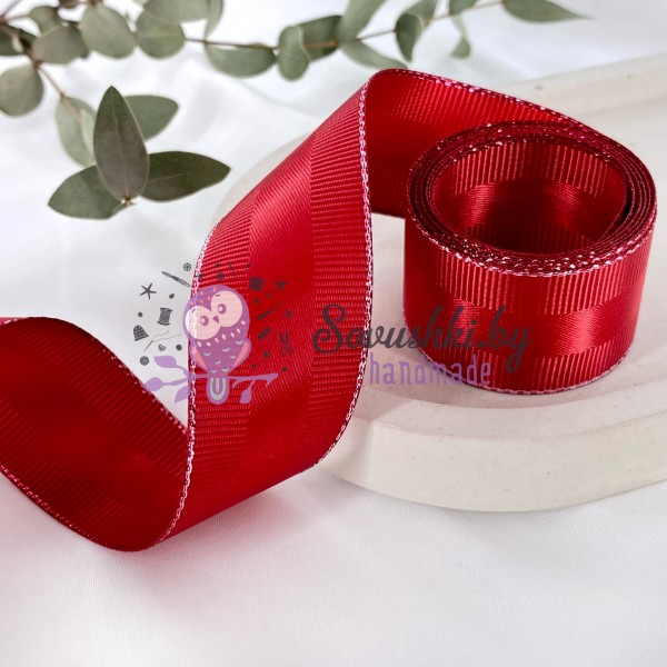 Лента репсовая 2,5 см с люрексом и атласной вставкой, бордовый