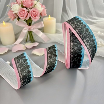 Репсовая лента 25 мм "Кружево черное", розово/голубой Репсовая лента 25 мм "Кружево черное", розово/голубой