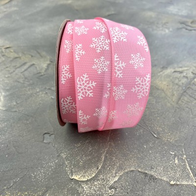 Репсовая лента 25 мм "Снежинки", розовый