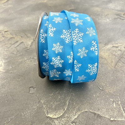 Репсовая лента 25 мм "Снежинки", голубой