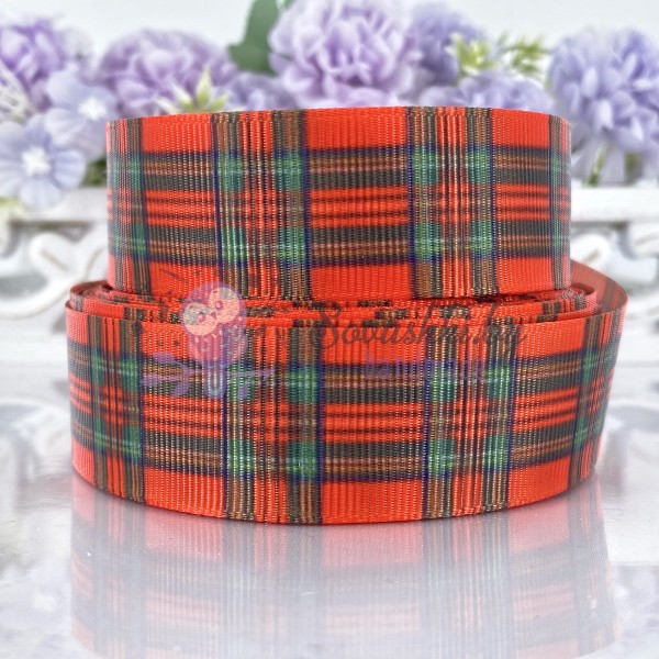 Репсовая лента 25 мм "Клетка" №1, красный/зеленый