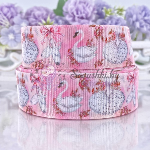 Репсовая лента 25 мм с рисунком "Лебеди/пуанты"