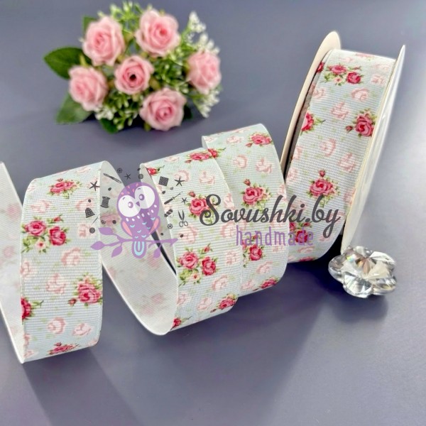 Лента репсовая с цветочным принтом «Винтажная роза», 25 мм