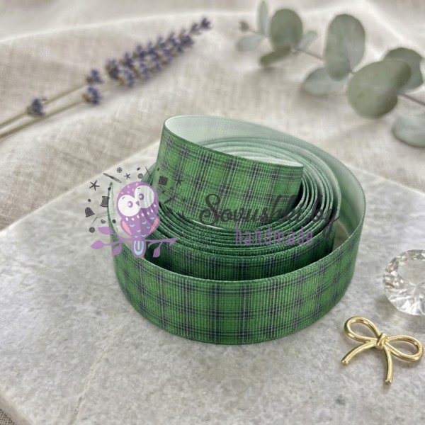 Репсовая лента 25 мм "Клетка" №5, темно-зеленый