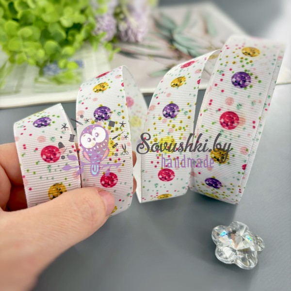 Репсовая лента 25 мм "Стразы", белая