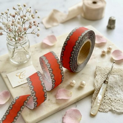 Лента репсовая 25 мм "Кружево по краям", красный/черный