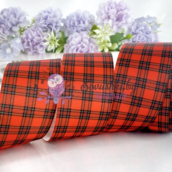 Репсовая лента 4 см "Клетка" №2, красный (отрез 2.4 м)