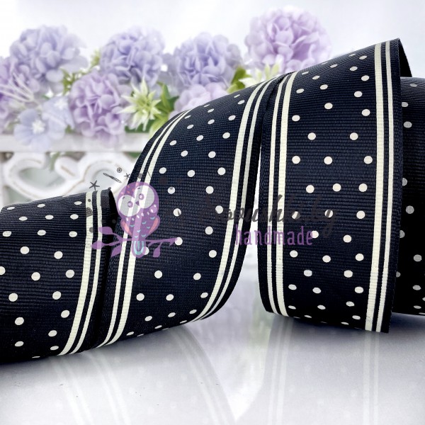 Репсовая лента 4 см "Горошек с полосками", черный