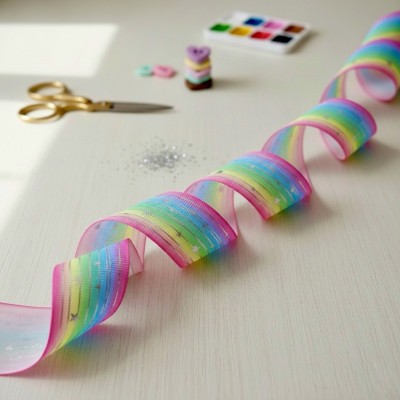 Лента репсовая 2,5 см с фольгированием "Звездочки", радужный