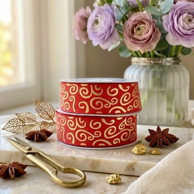 Лента репсовая «Золотые завитки», красная, 25 мм