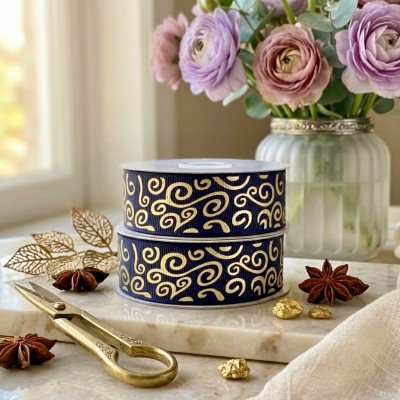 Лента репсовая «Золотые завитки», черная, 25 мм