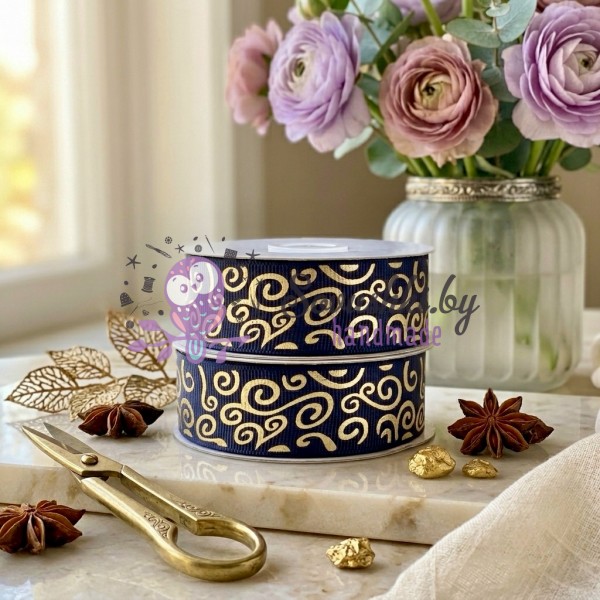 Лента репсовая «Золотые завитки», черная, 25 мм