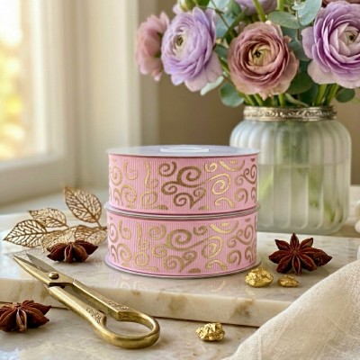 Лента репсовая «Золотые завитки», розовая, 25 мм