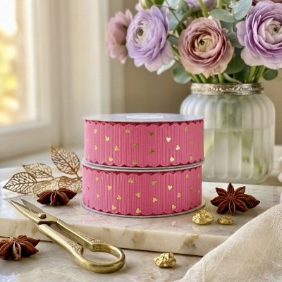 Лента репсовая с золотым тиснением «Сердца» (ширина 22 мм), розовая (отрез 1,6 м)