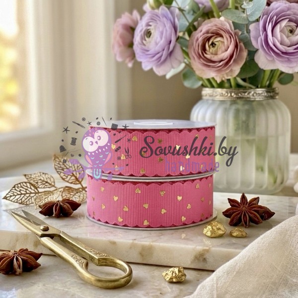 Лента репсовая с золотым тиснением «Сердца» (ширина 22 мм), розовая (отрез 1,6 м)