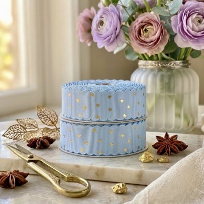 Лента репсовая с золотым тиснением «Сердца» (ширина 22 мм), голубая (отрез 1,7 м)